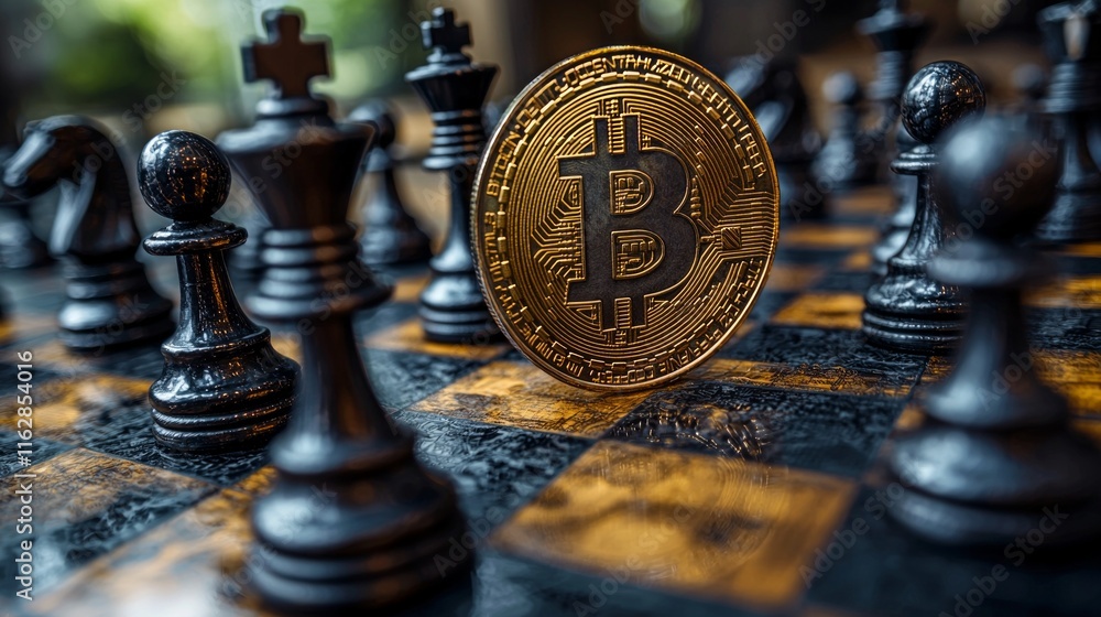 Aufkleber chessboard arrangement showcases bitcoin symbols designed as chess pieces. geometric design emphasiz