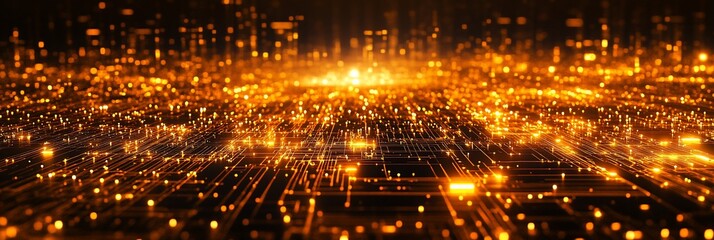 Fototapeta premium Golden abstract glowing network, digital data flow, futuristic technology.