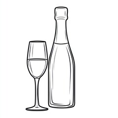 Line drawing of a champagne bottle and glass