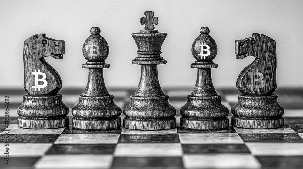 Aufkleber stylish chessboard displays bitcoin symbols as chess pieces emphasizing minimalist design against cl