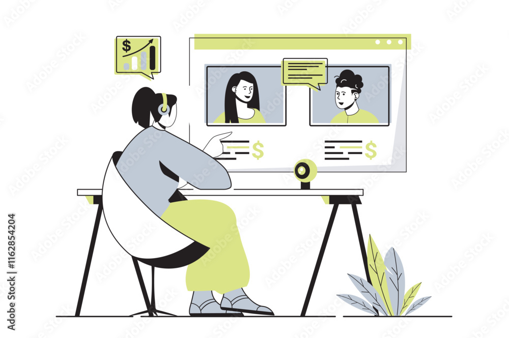 Aufkleber video business conference web concept with flat cartoon people for website design. colleagues discus