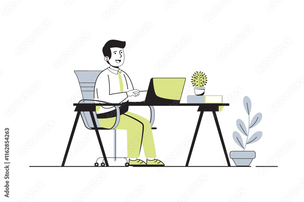Poster children learn on computers web concept with flat cartoon people for website design. boy watching vi
