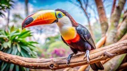 Fototapeta premium A colorful toucan perches on a tree branch in the vibrant rainforest jungle environment