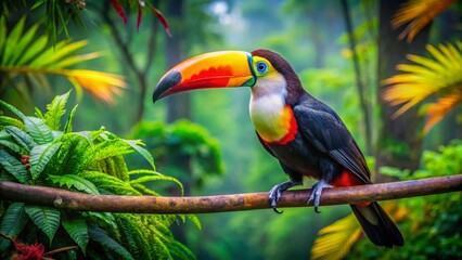 Obraz premium A colorful toucan perches on a tree branch in the vibrant rainforest jungle environment