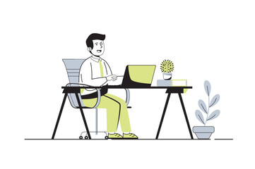 Children learn on computers web concept with flat cartoon people for website design. Boy watching video lessons or virtual class conference, doing homework online using laptop. Vector illustration.