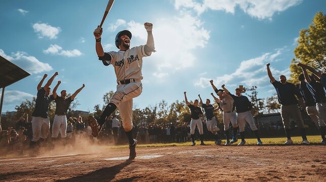 Baseball player celebrates a home run with his jubilant teammates, dust flying from his cleats as he runs, under bright sunny sky.