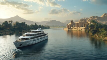 Fototapeta premium Luxury Nile River Cruise Ship Past Ancient Egyptian Temple