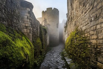 Misty cobblestone alleyway between ancient stone walls covered in moss, leading to a medieval castle tower.