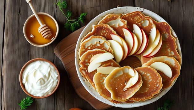 Delicious Draniki with Sweet Apples and Honey in Rustic Bowl on Wooden Table