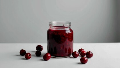 Fresh Cranberry Jam in Glass Jar with Raw Berries