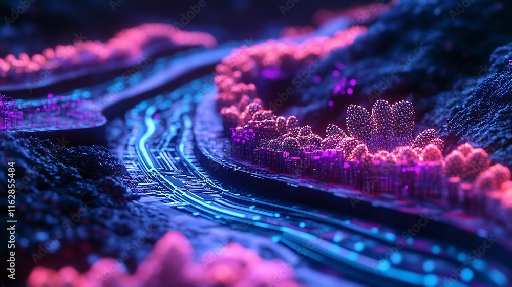 Poster abstract neon landscape with glowing lines and structures.