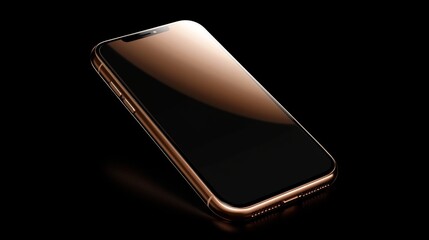 Golden smartphone mockup with black screen on dark reflective background, sleek design template for web marketing visuals