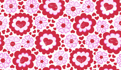 Romantic Red and Pink Heart Flower Pattern on White Background, Cute, Love, wedding invitations, greeting cards, scrapbooking, print, gift wrap, Valentines day