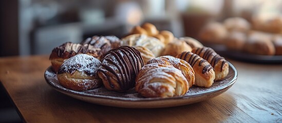 Assorted pastries on a plate, dusted with powdered sugar and chocolate.