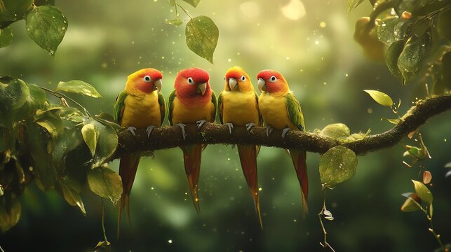 Four sun parakeets perched on a tree branch in a lush green forest.