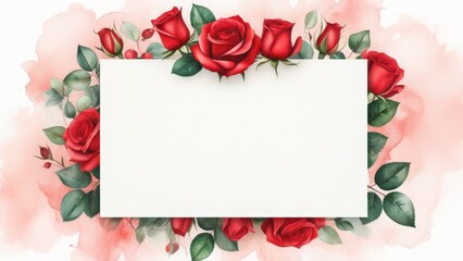 Ein romantisches Mockup mit roter Rose und leerer Karte auf Aquarell-Hintergrund, ideal f&uuml;r Valentinskarten, Liebesbriefe oder ein romantisches Men&uuml;. Generative KI.