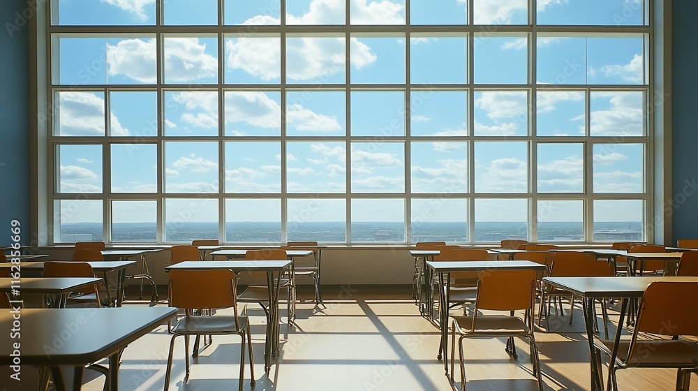 Poster empty classroom with large window and bright sunlight.