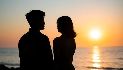 Silhouettes of young Asian couple Emotional connection Turn your back so you can't see your face with the background scene is the sea.