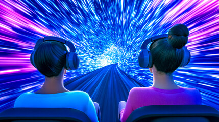 Metaverse users riding virtual reality roller coaster with headphones