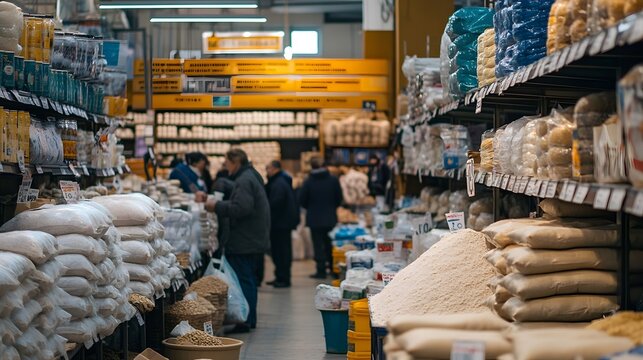 Grocery Store Aisle With Bags Of Grains And Other Goods