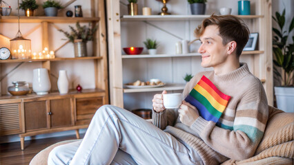  Relaxed Man Drinking Coffee at Home with LGBTQ+ Rainbow Flag Decoration
