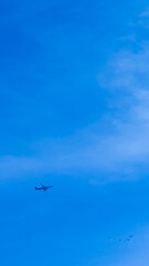 A solitary airplane glides through a serene blue sky, highlighting concepts of travel and freedom against a peaceful backdrop