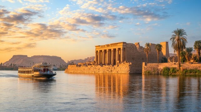 Philae Temple Egypt Nile River Sunset Cruise Tourists Boat
