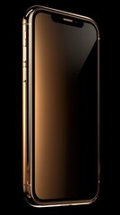 Golden smartphone mockup with blank screen on black background, elegant metallic design, perfect for app or website presentations