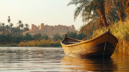 Obraz premium Ancient Egyptian River Scene Wooden Boat, Palm Trees, Ruins