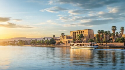Fototapeta premium Philae Temple Egypt Nile River Sunset Cruise Boat Tourists