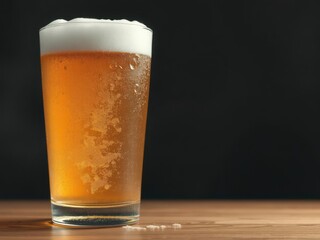 Condensation-covered glass of frosty beer, dark background, drinkware, night, bubbles