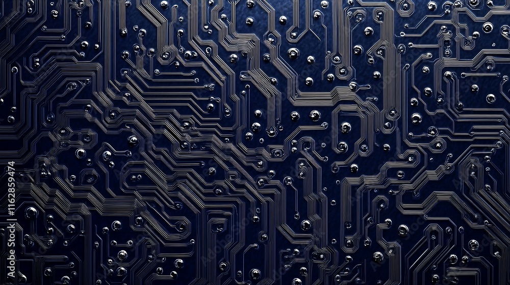 Poster close-up of a dark blue circuit board with intricate pathways and metallic components.
