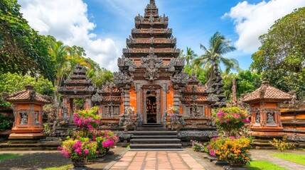 Scenic Temple Surrounded by Blooming Flowers and Soft Light