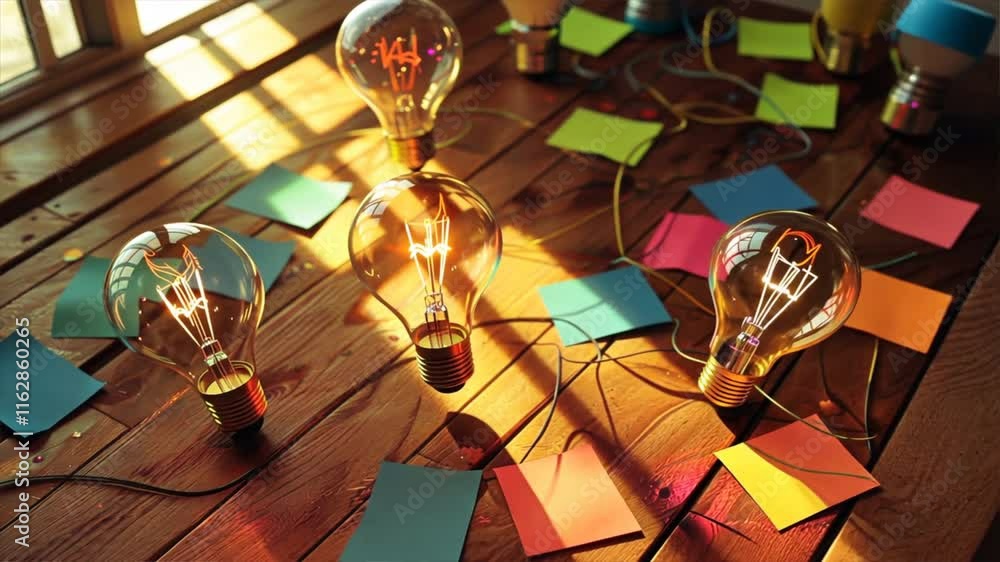 Poster bright light bulbs illuminate colorful workspace with sticky notes on wooden table, creating warm an