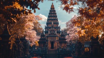 Serene Ancient Shrines Amidst Blooming Flowers
