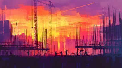 Fototapeta premium Vibrant sunset over a city construction site with workers silhouetted against the warm colors.