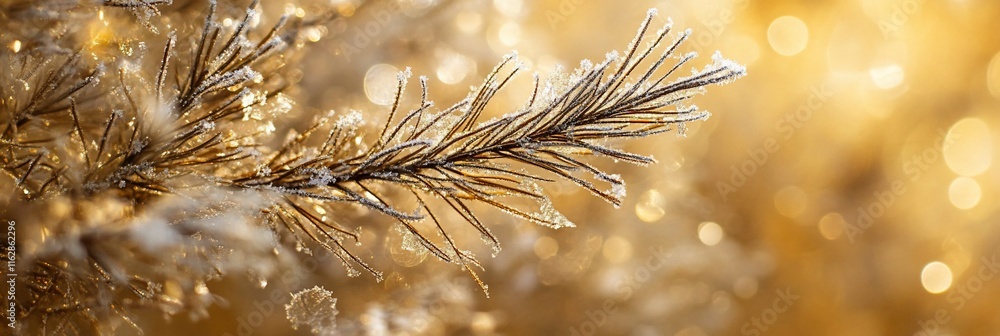 Poster close-up of a frost-covered pine branch against a bokeh background.