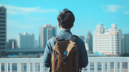 Obraz premium Young Man with Backpack Exploring Urban Cityscape from Behind in Summer Vacation Adventure