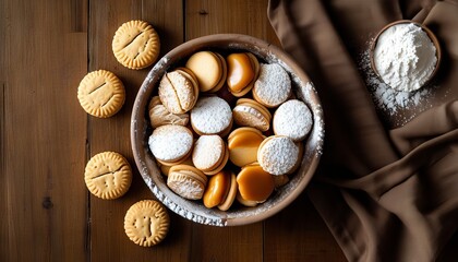 Alfajores de Maicena Arrangement on Wooden Table, Sweet Confectionery Treats