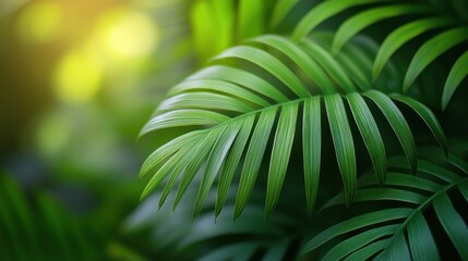 Lush green palm leaves in sunlight.