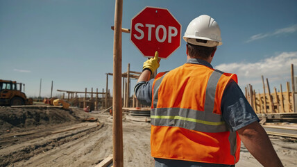 Road Worker Holding a Stop Sign