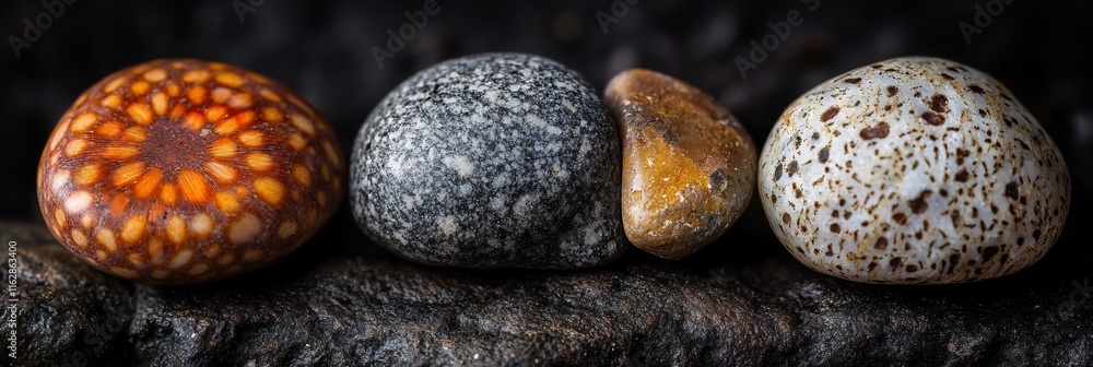 Poster Four unique stones with varied textures and colors rest on a dark surface.
