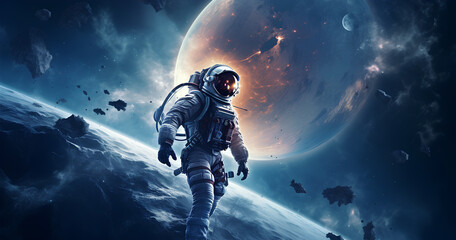 Fototapeta premium An astronaut explores the vast expanse of space while observing planets and asteroids in a stunning cosmic environment filled with stars and celestial wonders