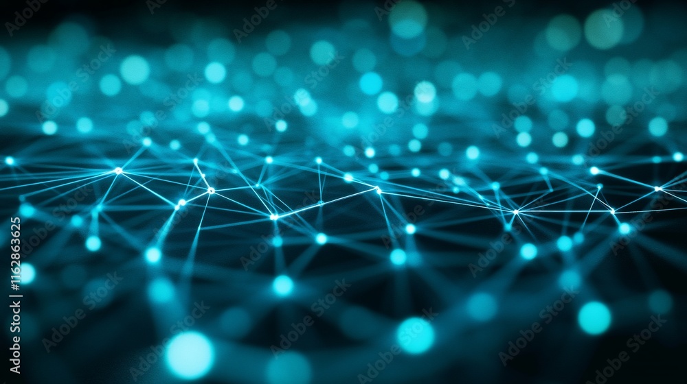 Poster abstract network connection, glowing nodes and lines.