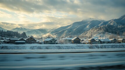 Snowy Japanese Village Mountain Landscape Winter Sunrise Scenery