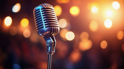 Vintage Microphone on Stage with Bokeh Background for Music and Karaoke Events