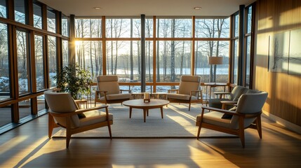 Sunlit modern living room with large windows, wooden floors, comfortable armchairs arranged around a coffee table, overlooking a winter lake scene.