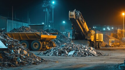 Nighttime Scrap Metal Yard Machinery, Recycling, Industrial, Heavy Equipment, Loads, Piles, Transpor