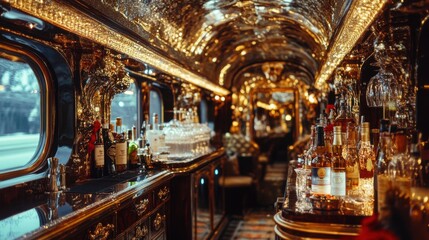 Obraz premium Luxurious Golden Train Bar Elegant Interior, Alcoholic Beverages, Opulent Decor