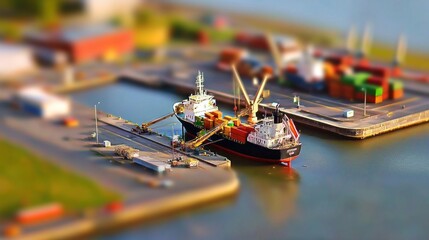 A miniature view of a busy shipping port with cargo ships.